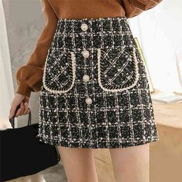 T Skirt Autumn Winter Button Mini Pencil Skirts Plaid Wool Skirts Korean High Waist Elegant T Skirt Lady 210712