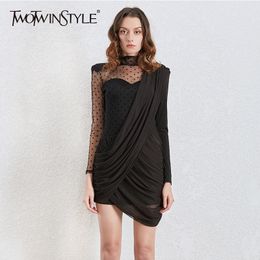 TWOTWINSTYLE Vintage Asymmetrical Dot Mesh Dresses Female Stand Collar Puff Long Sleeve High Waist Ruched Dress Women Tide 210319