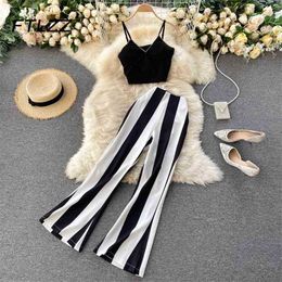 Women Streetwear Two Piece Sets Fashion Summer Crop Tops High Waist Straight Leg Pants Stripe Sutis Laides Boho 2 Pcs Set 210525