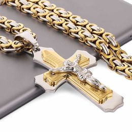 Multilayer Cross Christ Jesus Pendant Necklace StainlSteel Link Byzantine Chain Heavy Men Jewelry Gift 21.65 6mm MN78 X0707