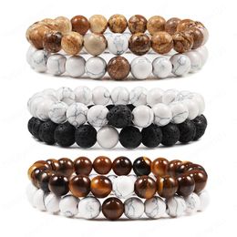2pcs/set Men Tiger Eye Beads Bracelets Classic Natural Lava Stone White and Black YinYang Couple Bracelet for Women