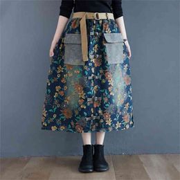 Arrival Spring Autumn Arts Style Women High Waist Loose Skirts double pocket Vintage Print Denim Long Skirt S13 210512