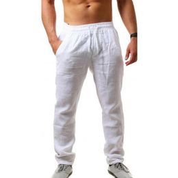 Men's Cotton Linen Long Pants Casual Comfort Solid Trousers Summer Breathable Fitness Elastic Waist Loose Male