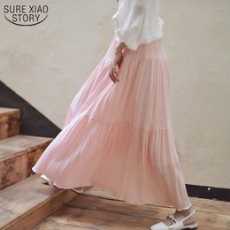 Vintage Elegant Summer Skirts Women Linen Cotton Long Beach Elastic Waist Pleated Maxi Faldas 9958 210508