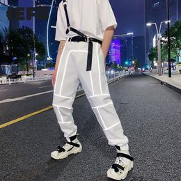IEFB /men's wear Reflective personality design functional style belt turnup casual fashion couple trousers high street male 3384 210524