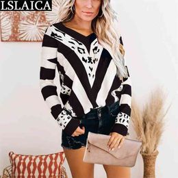 Pullovers Tops Women Casual Loose Long Sleeve Clothing Fashion Slim Striped Printing Knitted Plus Size Blusas De Mujer 210515