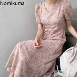 Nomikuma Robe Femme Pink Floral Printed Dress Women V Neck Short Sleeve Arrival Summer Dresses Korean Style Vestidos Mujer 210514