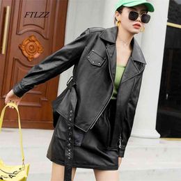 Women Faux Soft Leather Jacket Turndown Collar Rivet Zipper Black Punk Coat Female Pu Moto Biker Outerwear With Belt 210430