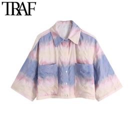 Women Fashion With Pockets Tie-dye Cropped Blouses Vintage Lapel Collar Short Sleeve Female Shirts Chic Tops 210507