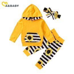 3-24M Sunflower born Infant Baby Girls Clothes Set Long Sleeve Pocket Hooded Tops Pants Outfits Toddler Girl Clothing 210515