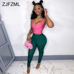 2021 Plus Size Bodycon Two Piece Matching Sets Women Deep V Neck Sleeveless Tank Top and Skinny Legging Party Clubwear Outfits Y0625