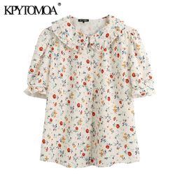 KPYTOMOA Women Sweet Fashion Floral Print Ruffled Blouses Vintage Lapel Collar Short Sleeve Female Shirts Blusas Chic Tops 210317