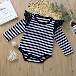 Fashion Baby Bodysuit Girls Jumpsuit Lace Long Sleeve Striped Girl Romper 210515