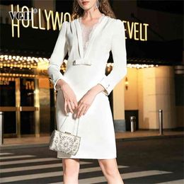 White Elegant Dress For Women V Neck Long Sleeve High Waist Patchwork Lace Back Split Party Midi Dresses Female Fashion 210531