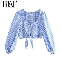 Women Sweet Fashion With Knot Cheque Cropped Blouses Vintage Ruffled O Neck Long Sleeve Female Shirts Chic Tops 210507