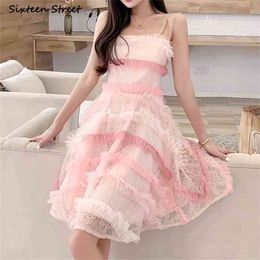 Spaghetti Pink Dress Woman Summer Sleeveless High Waist Mesh Bodycon es Strap Beach Seaside Mini Female 210603