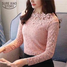 New Spring O-collar Long Sleeve Women Blouse With Lace Blouse Hollow Out Bottoming Shirts Women Top Slim Fit Blusa 1105 40 210323