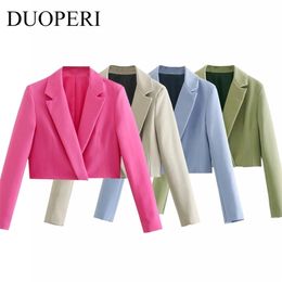 DUOPERI Fashion Cropped Blazer Women Long Sleeves Casual Office Lady Chic Design Short Coat Female Outwear femme veste 211122