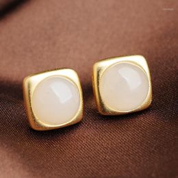 Stud Silver Inlaid Natural An White Jade Square Earrings Chinese Style Retro Unique Ancient Gold Craft Women's Brand Jewellery