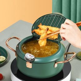 Kitchen Deep Frying Pot Thermometre Tempura Fryer Pan Temperature Control Fried Chicken Pot Cooking Tools Stainless Steel 210319