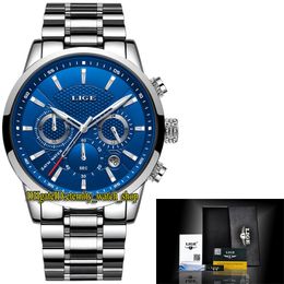 LIGE eternity LG9866 Sport Mens Watches Date Blue Dial Japan VK Quartz Chronograph Movement Men Watch alloy Case Silvery Bracelet