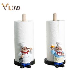 VILEAD 29.5cm Resin Chef Double-Layer Paper Towel Holder Figurines Creative Home Cake Shop Restaurant Crafts Decoration Ornament 210318