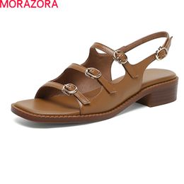 MORAZORA Fashion Women Sandals Genuine Leather Ladies Casual Shoes Med Heels Round Toe Buckle Summer Sandals For Woman 210506