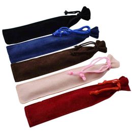 cloth gift pouches Canada - 5 Pieces Lot Velvet Drawstring Pen Bag Pouch Small Cloth Pencil Case For One Pen Storage Black Blue Gray Pink Red Color Gift Y0817