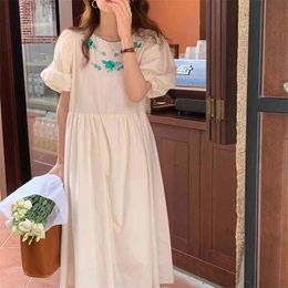 Apricot Vintage Embroidery Florals Chic Streetwear Puff Sleeves Femme Slim Party Long Dresses Vestidos 210525