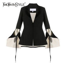 Hollow Out Black Blazer For Women Notched Flare Long Sleeve Lace Up Bowknot Solid Blazers Female Fashion 210524