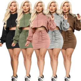 Women Dress Two Pieces Set Nightclub Sexy Solid Colour tracksuits Bat Lantern Sleeve Hooded Sweater And Skirt Show Waist Bandage Ladies Sportwear