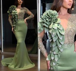 Long Sleeves Mermaid Evening Dresses Designer Ruffles Lace Applique Beading Illusion Top Custom Made Plus Size Arabic Prom Party Gown Vestidos