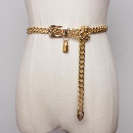 Womens Gold and Silver Metal Chain Belts with Lock and Key Design - Cuban Link Waistbands for Dresses