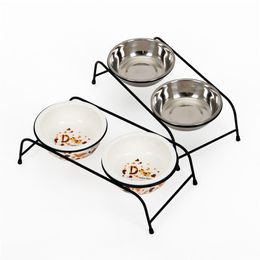 New Fashion Dog Feeders Bowl Iron Frame Stainless Steel Ceramics Double Mouth Dog Bowl High Grade Antiskid Pet Supplies Y200922