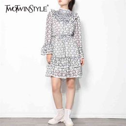 Elegant Patchwork Ruffle Dress For Women Stand Collar Flare Sleeve High Waist Mini Dresses Female Fashion 210520