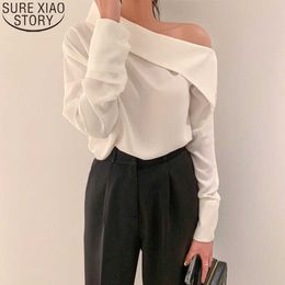 White Blouse Spring Long Sleeve Fashion Women Blouse Skew Collar Sexy Loose Shirt Blusas Korean Clothes Ladies Tops 13544 210527