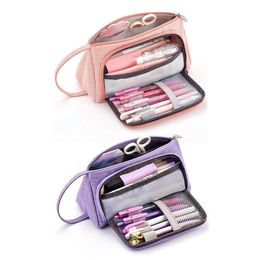 Pencil Bags 2x Colored Linen Storage Pouch Marker Pen Case Stationery Bag Holder For Middle High School Office Pink & Purple