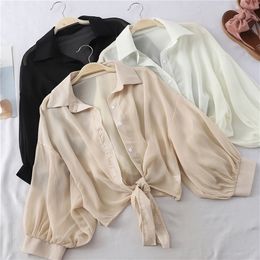 Lantern Sleeve Chiffon Shirts Women Summer Transparent Buttoned Up Shirt Top Tied Waist Elegant Women Blouses Cropped 220311
