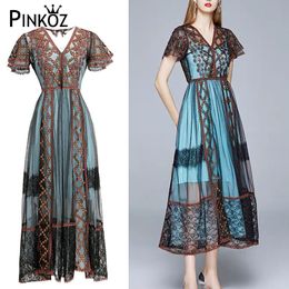 elegant long dress women femme blue embroidery short sleeve summer holiday robe dresses vestidos vintage fashion chic 210421