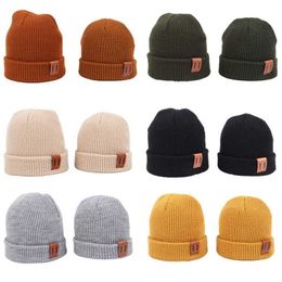 Baby Knit Hat for Boys Girls Autumn Winter Warm Kids Beanie Adult Children Parent-Child Hats born Baby Cap with Leather Label 211023