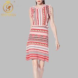 Women's Stripe Bright Colour Summer Knit Vestidos Ruffle Sleeve Sweater Casual Geometry Pattern Dress 210520