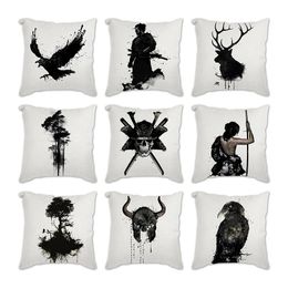 Cushion/Decorative Pillow Nordic 18'' Ink And Wash Samurai Linen Cushion Cover Decorative Pillows Japanese Waist Case Sofa Cojines