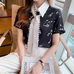 Asymmetry collar Musical note printing Temperament Shirt Women's Tops est summer Womans Half sleeve 210507