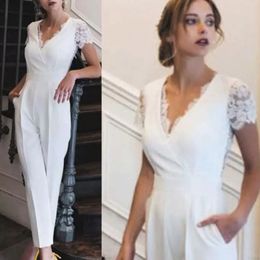 elegant pantsuit for wedding UK - New Year's Country Style Elegant Lace Applique Jumpsuits Wedding Dress V Neck Pants for Weddings Robe De Mariee Pantsuits Bridal Gowns Custom Made