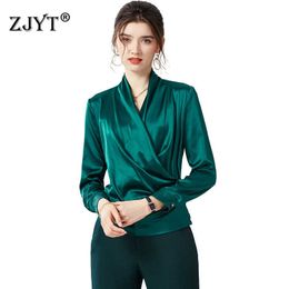 Luxury 100% Real Silk Blouses Women Spring Designers Long Sleeve Cross V Neck Solid Office Shirts Femininos Blusas Casual Tops 210601