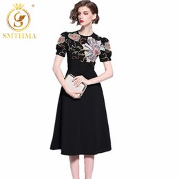 HIGH QUALITY Fashion Runway Dress Women's Short Sleeve Vintage Embroidery Flower Mid-Calf Summer Dresses 210520