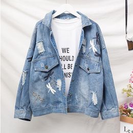 Women's Jackets 2022 Autumn Denim Jacket Large Size Loose Hole Jeans Turn Down Collar Oversize Female Casual Outerwear Plus Size4XL