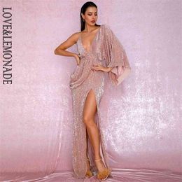 LOVE&LEMONADE Sexy Rose Gold V-Neck Single Sleeve Sequins Split Party Maxi Dress LM81848 210325