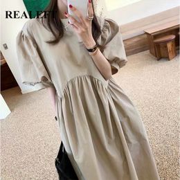 Puff Sleeve Women Summer Dress O-Neck Vintage Chic High Waist Loose Long Female Korean Style 210428