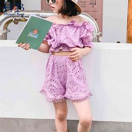 Girl Clothes Ser Summer Off-Shoulder Lace Hollow T-Shirt+Pants 2Pcs Sweet Toddler Kids 210611